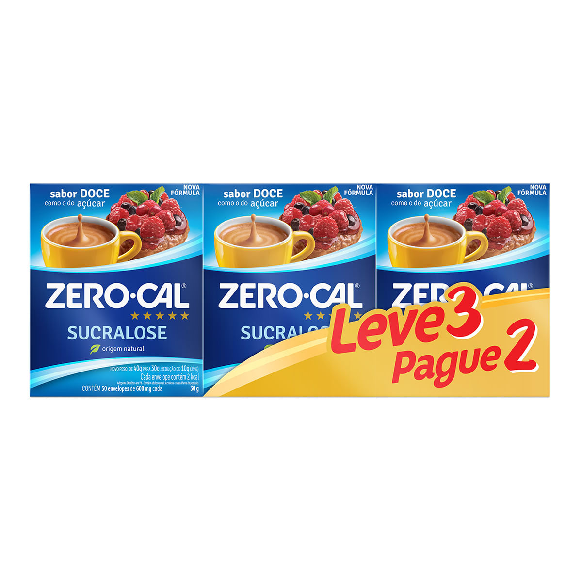 Encontraproduto.com.br - Adoçante em Pó Zero Cal Sucralose 3 Unidades com 50 Sachês de 600 mg Cada