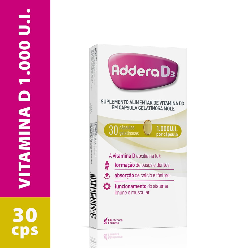 Encontraproduto.com.br - Vitamina D Addera D3 Colecalciferol Vitamina D3 1.000UI Hypera 30 Cápsulas