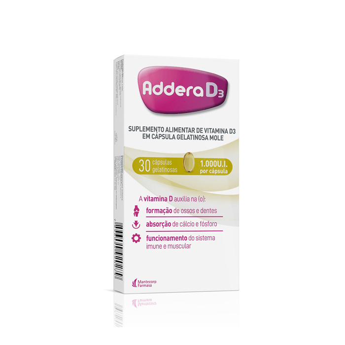 Encontraproduto.com.br - Vitamina D Addera D3 Colecalciferol Vitamina D3 1.000UI Hypera 30 Cápsulas