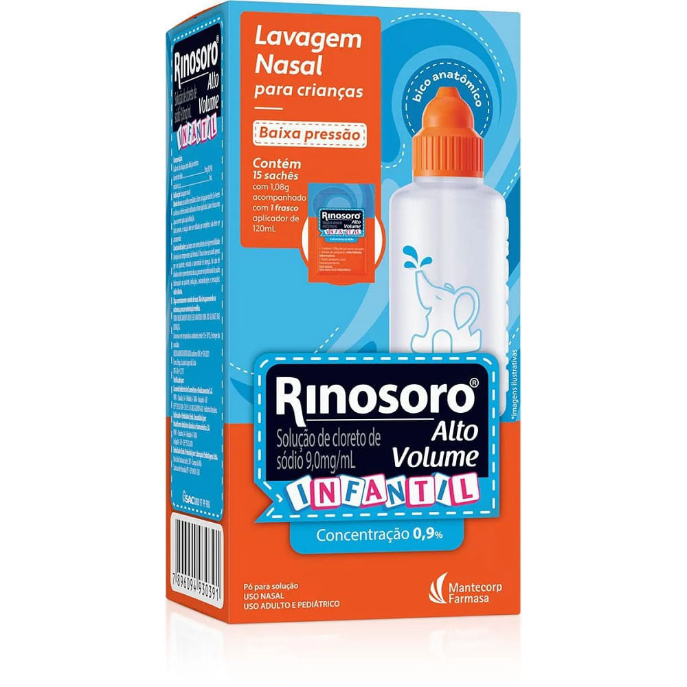 Encontraproduto.com.br - Rinosoro Alto Volume Infantil 15 sachês + frasco 120ml