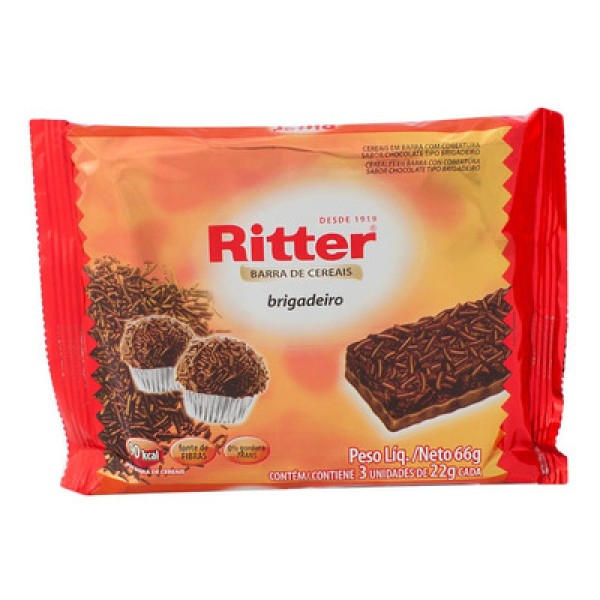 Pack Barra de Cereal Brigadeiro Cobertura Chocolate Ritter Pacote 66g 3 Unidades