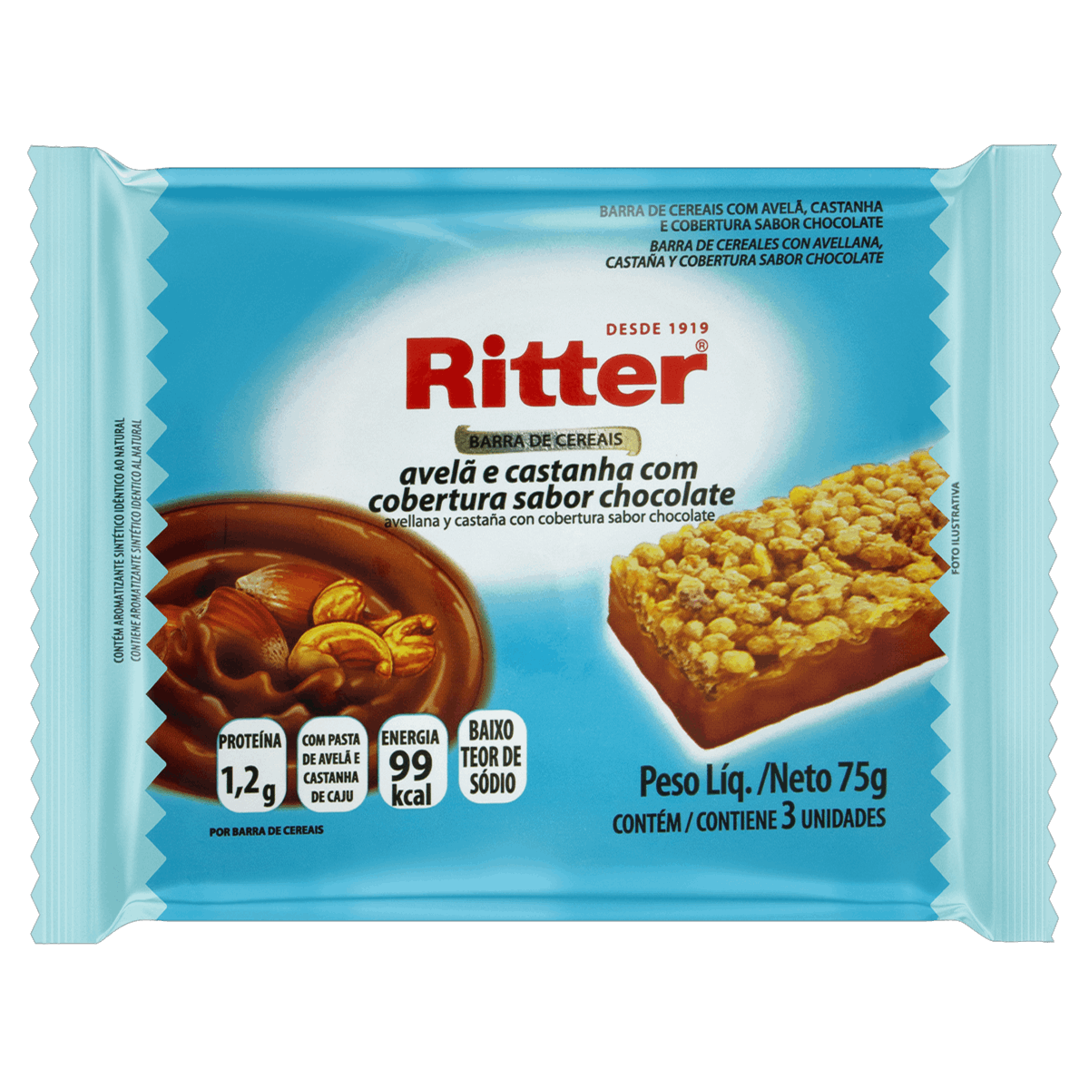 Encontraproduto.com.br - Pack Barra de Cereal Avelã e Castanha Cobertura Chocolate Ritter Pacote 75g 3 Unidades