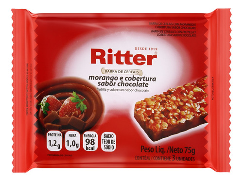 Pack Barra de Cereal Morango Cobertura Chocolate Ritter Pacote 75g 3 Unidades