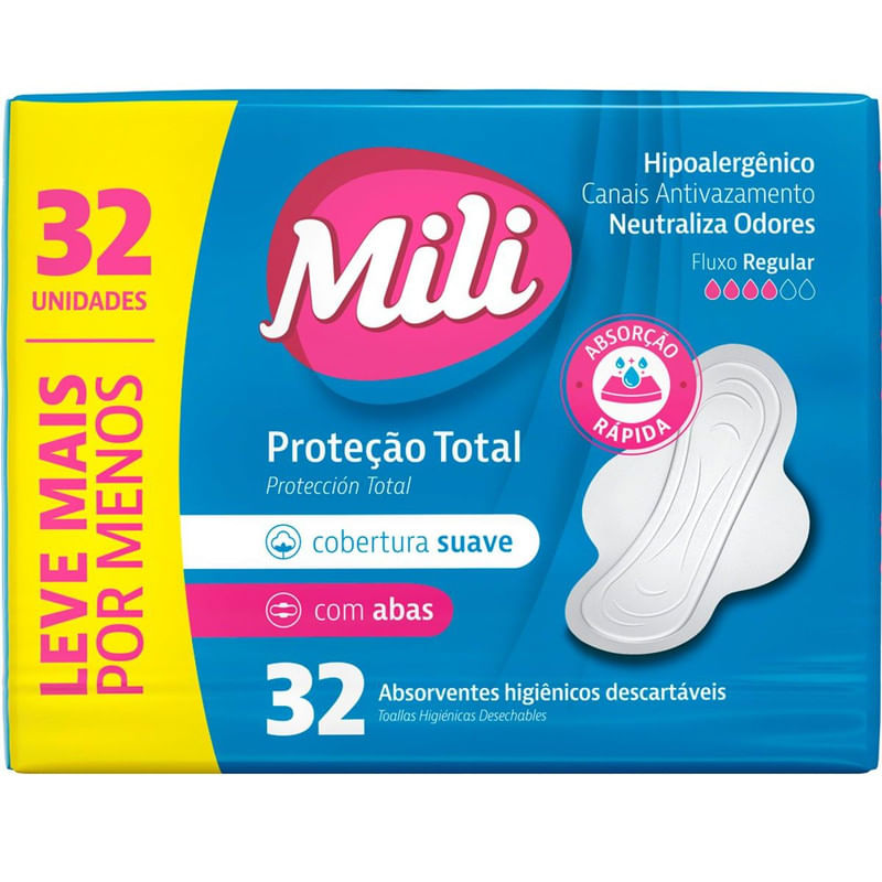 Encontraproduto.com.br - Absorvente Mili Total Suave com Abas com 32 Unidades