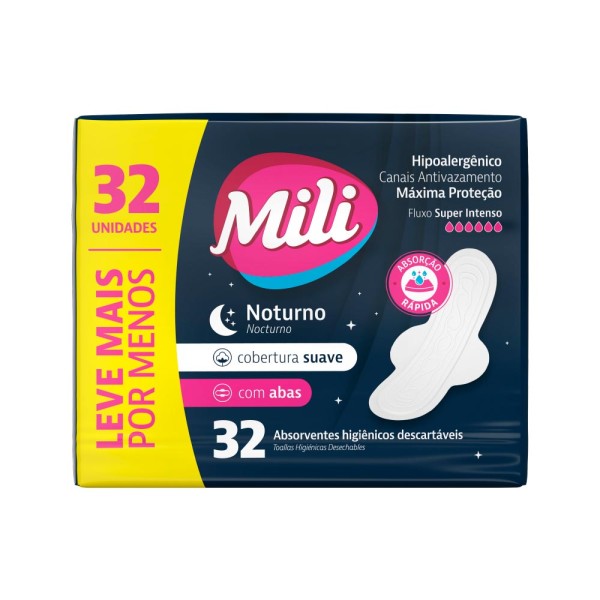 Encontraproduto.com.br - Absorvente Higiênicos Descartáveis com Abas Mili Leve Mais Pague Menos Pacote 32 Unidades