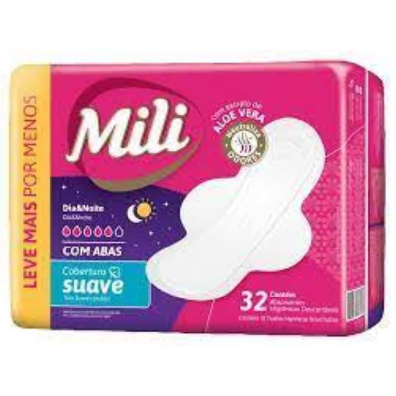 Encontraproduto.com.br - Absorvente Higiênicos Descartáveis com Abas Mili Leve Mais Pague Menos Pacote 32 Unidades