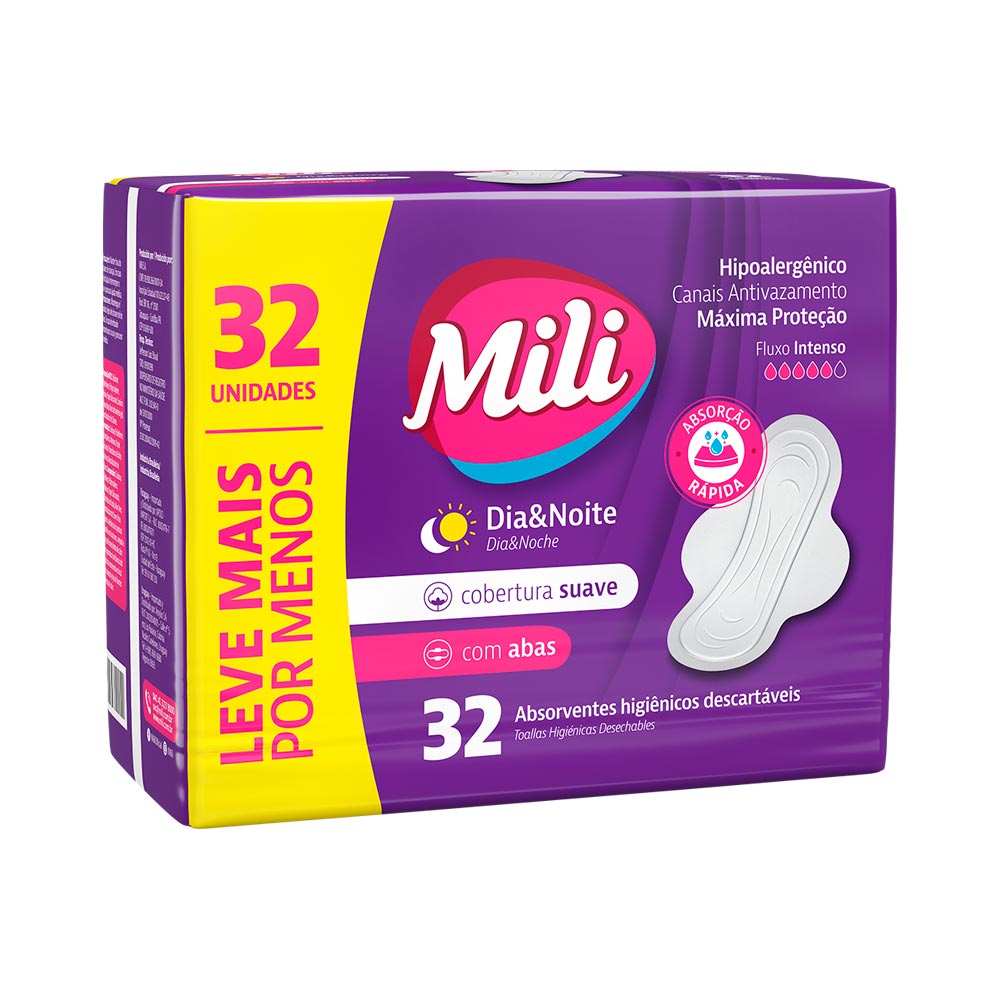 Encontraproduto.com.br - Absorvente Higiênicos Descartáveis com Abas Mili Leve Mais Pague Menos Pacote 32 Unidades