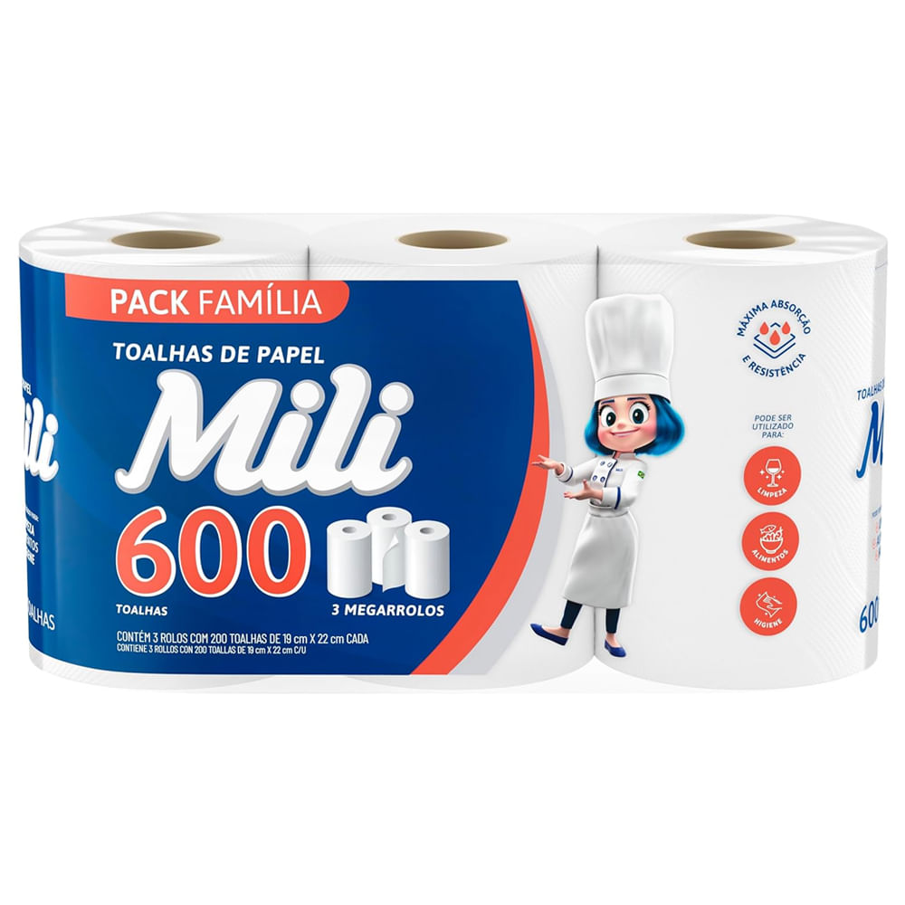 Encontraproduto.com.br - Toalha de Papel Mili 600 Folhas Pacote com 3 rolos