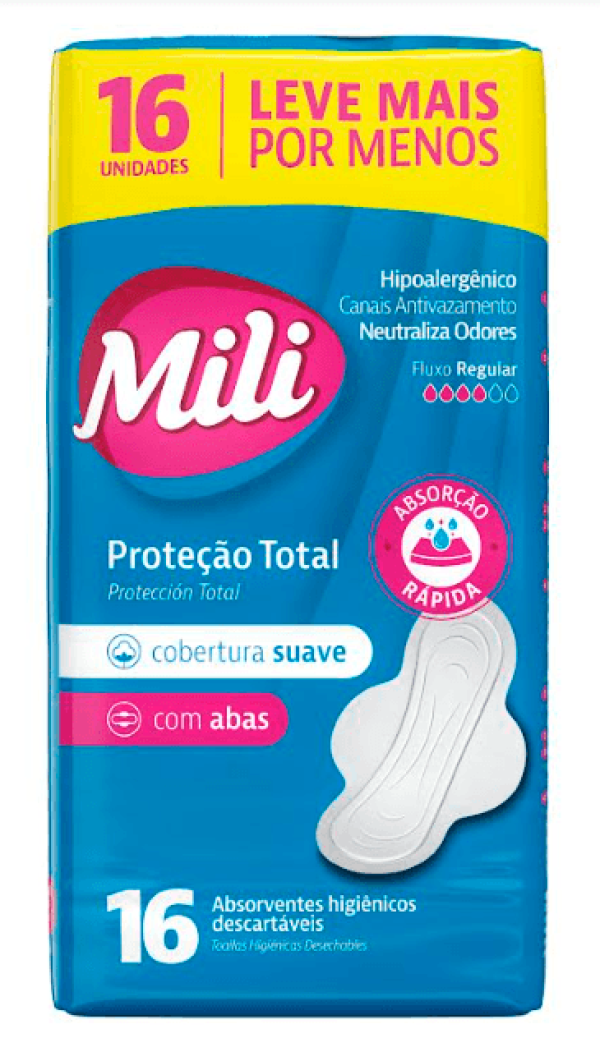 Encontraproduto.com.br - Absorvente Mili Conforto Total com Abas Suave Leve 16 Pague 14