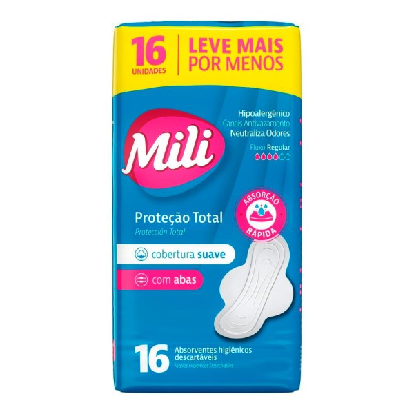 Encontraproduto.com.br - Absorvente Mili Conforto Total com Abas Suave Leve 16 Pague 14