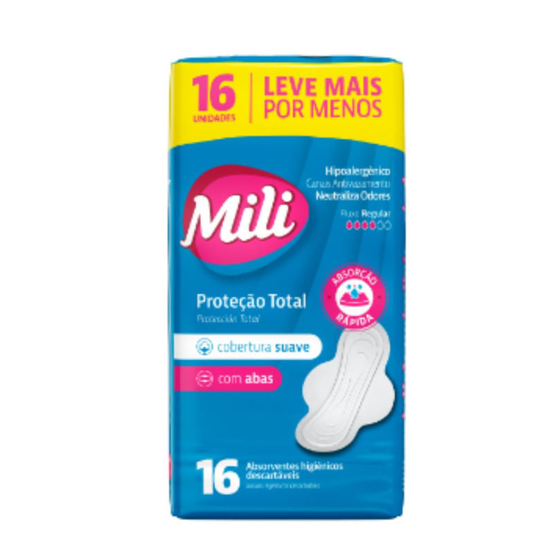 Encontraproduto.com.br - Absorvente Mili Conforto Total com Abas Suave Leve 16 Pague 14