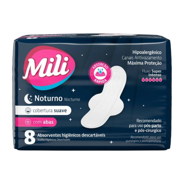 Encontraproduto.com.br - Absorvente Mili Noturno Intenso Suave com Abas 24 Unidades