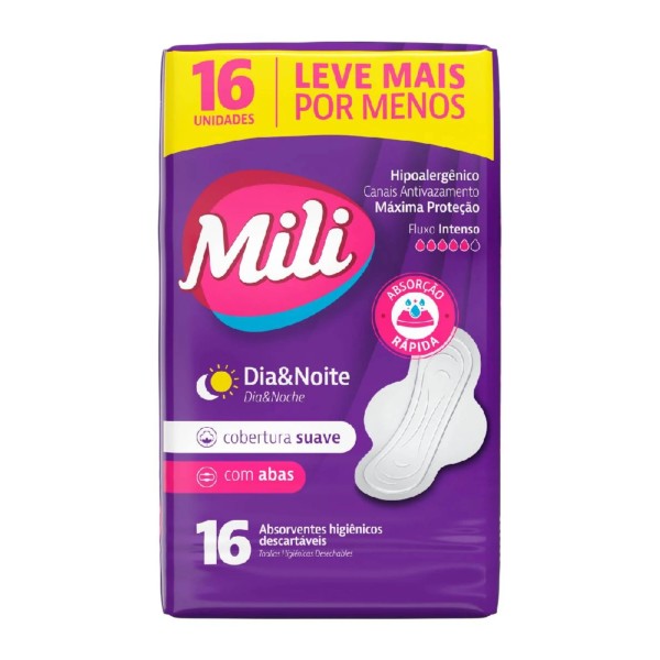 Encontraproduto.com.br - Absorvente Mili Proteção Discreta Fluxo Moderado Suave com Abas 16 Unidades