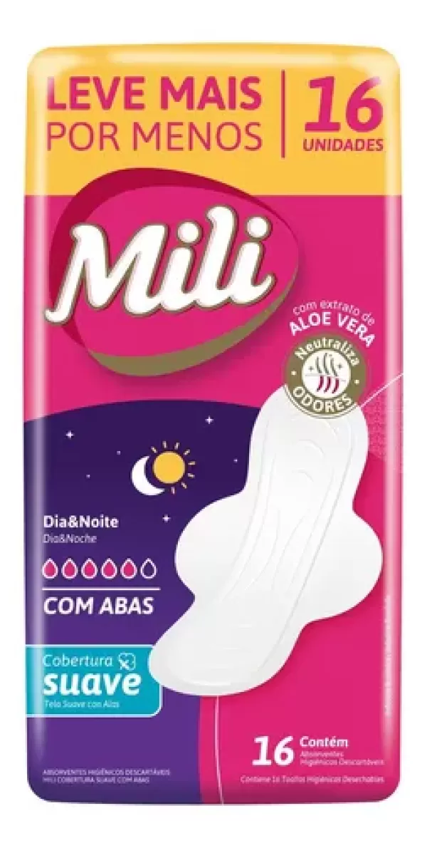 Encontraproduto.com.br - Absorvente Mili Proteção Discreta Fluxo Moderado Suave com Abas 16 Unidades