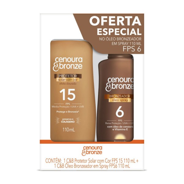 Encontraproduto.com.br - Protetor Solar Com Cor Fps15 110ml + Oleo Bronzeador Em Spray Fps6 110ml  Cenoura E Bronze Especial