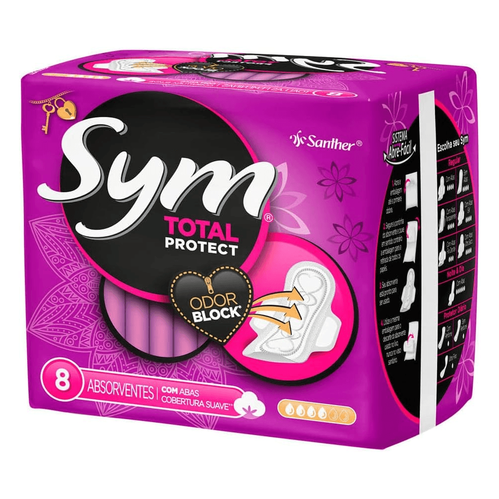 Encontraproduto.com.br - Absorvente com Abas SYM Suave Total Protect pacote 8un