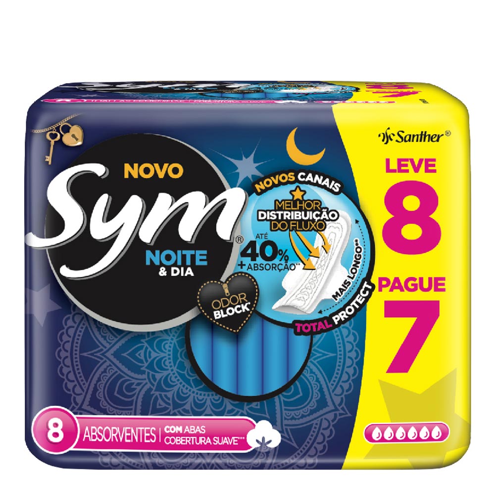 Encontraproduto.com.br - Absorvente Sym Total Protect Noite E Dia Suave Com Abas 8 Unidades