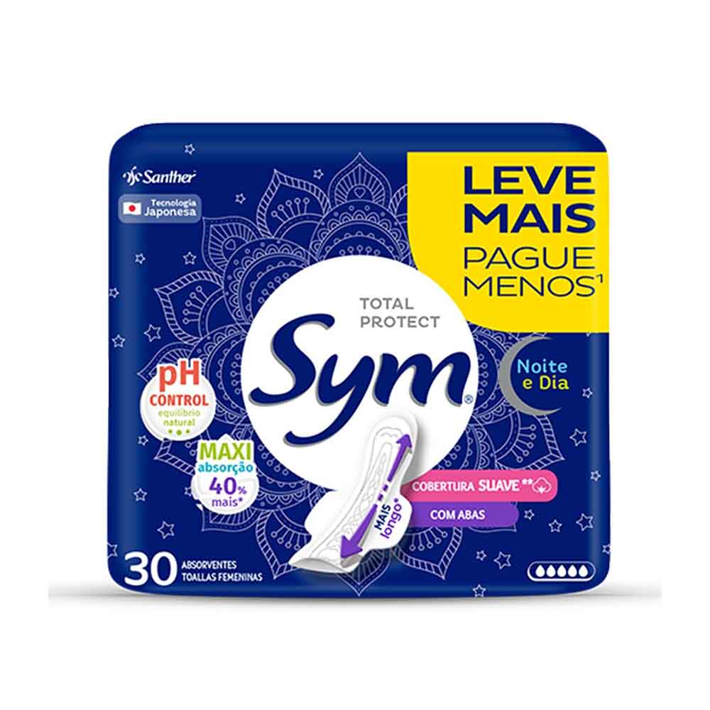 Encontraproduto.com.br - Absorvente Noite e Dia Sym Suave com abas Pacote com 30 unidades