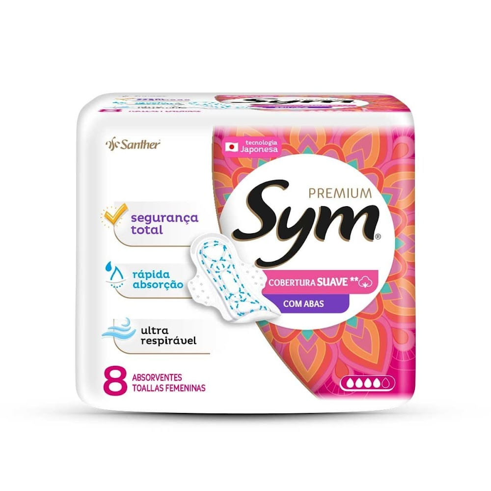 Encontraproduto.com.br - Absorvente Sym Premium Cobertura Suave com Abas 8 Unidades