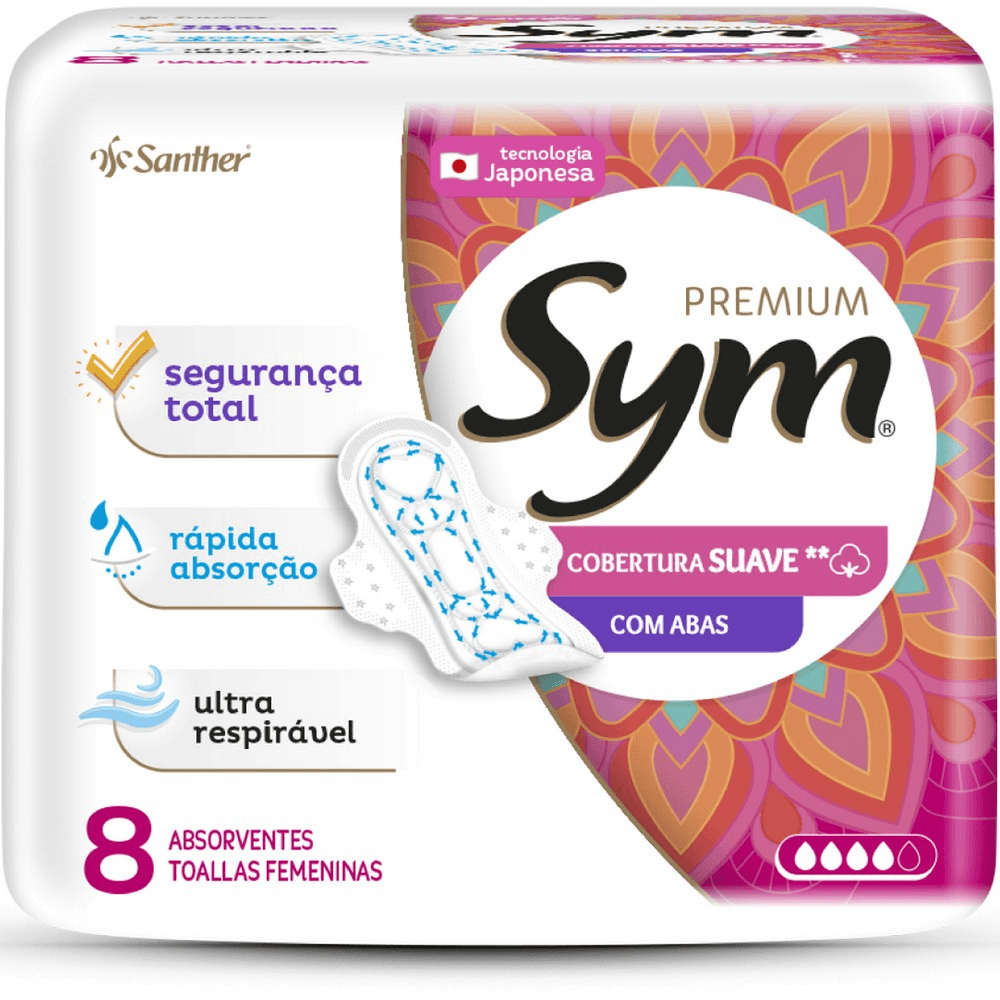 Encontraproduto.com.br - Absorvente Sym Premium Cobertura Suave com Abas 8 Unidades