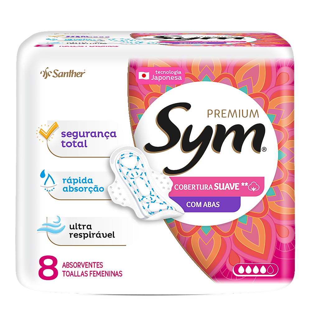 Encontraproduto.com.br - Absorvente Sym Premium Cobertura Suave com Abas 8 Unidades