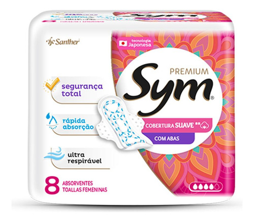 Encontraproduto.com.br - Absorvente Sym Premium Cobertura Suave com Abas 8 Unidades
