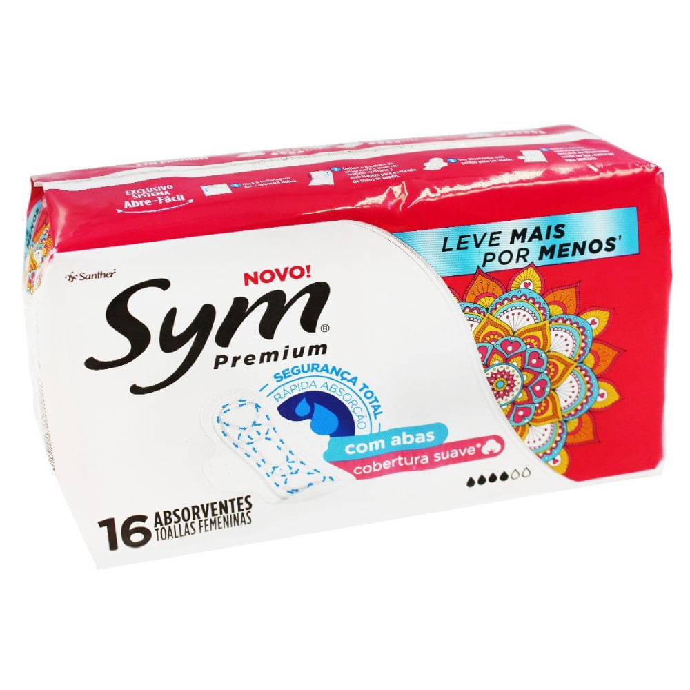 Encontraproduto.com.br - Absorvente Sym Premium Cobertura Suave com Abas 16 unidades