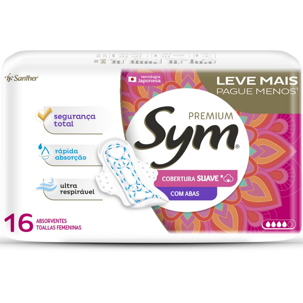 Encontraproduto.com.br - Absorvente Sym Premium Cobertura Suave com Abas 16 unidades