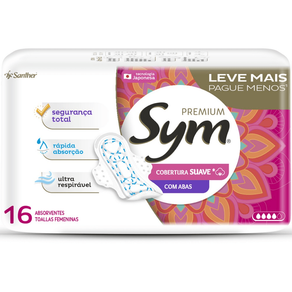 Encontraproduto.com.br - Absorvente Sym Premium Cobertura Suave com Abas 16 unidades