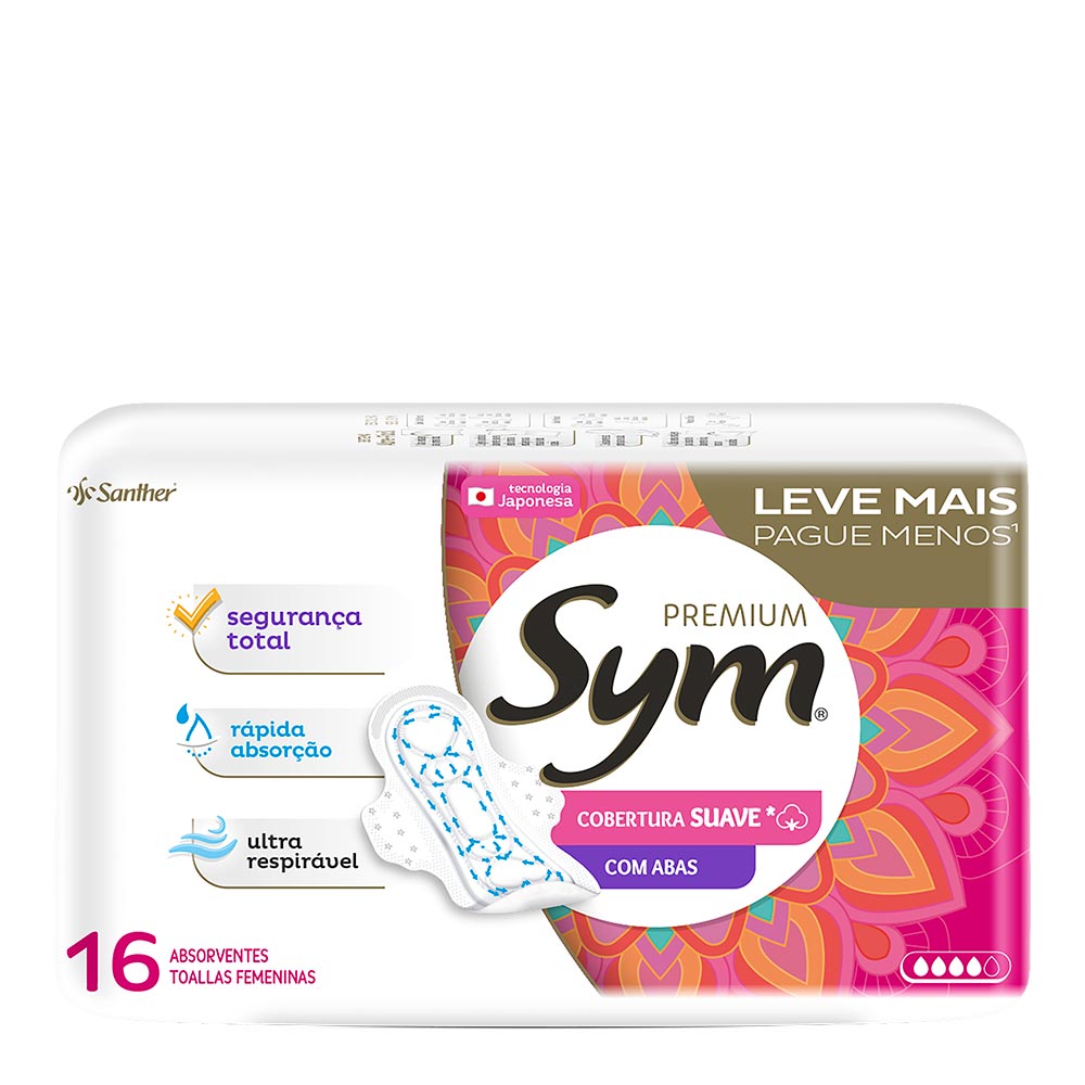 Encontraproduto.com.br - Absorvente Sym Premium Cobertura Suave com Abas 16 unidades