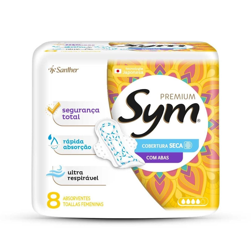 Encontraproduto.com.br - Absorvente Sym Premium Cobertura Seca com Abas 8 Unidades