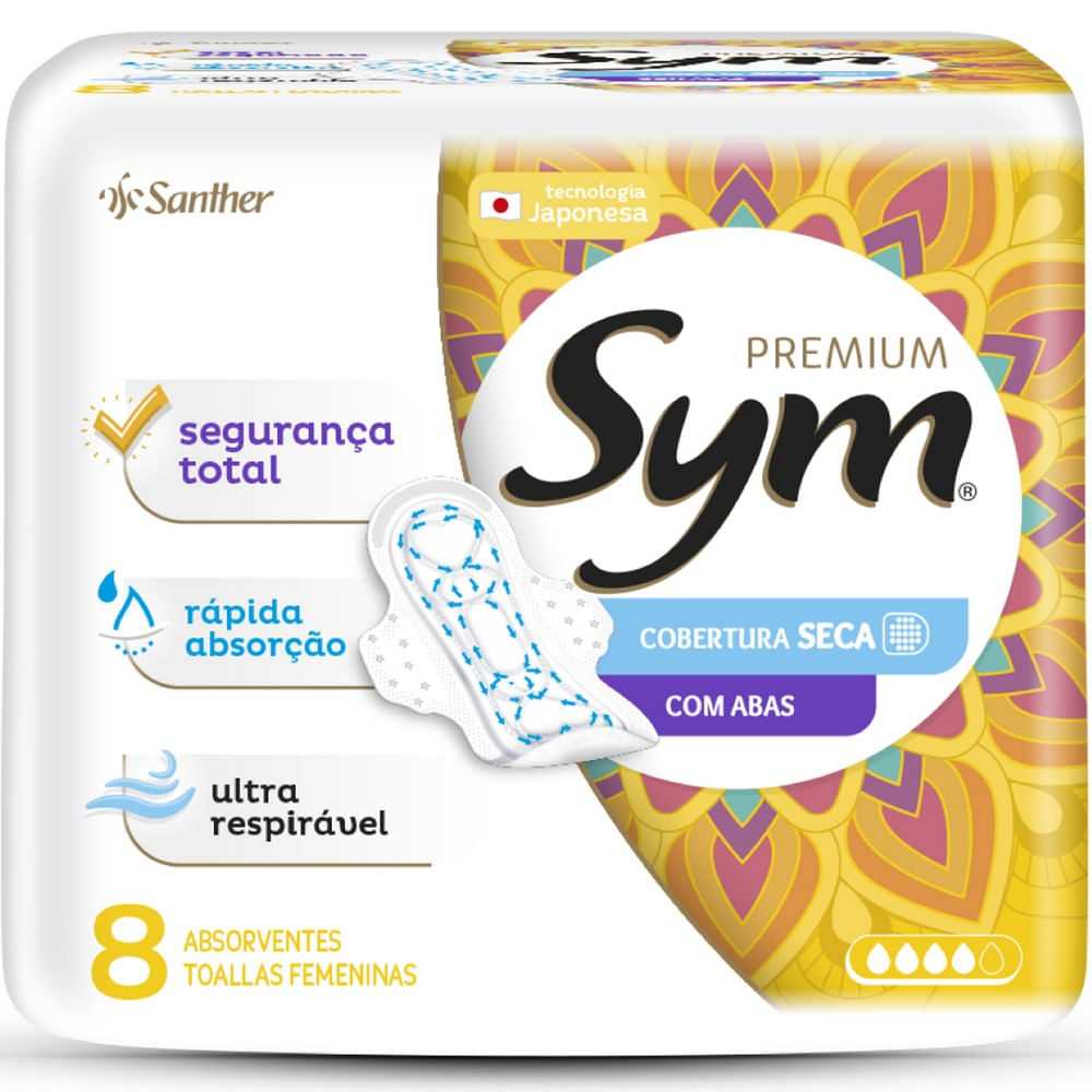 Encontraproduto.com.br - Absorvente Sym Premium Cobertura Seca com Abas 8 Unidades