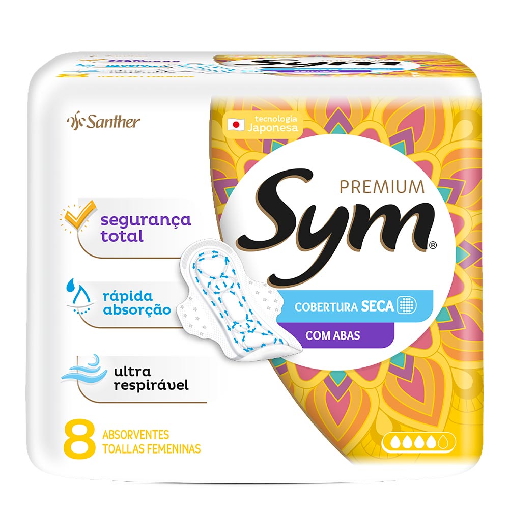 Encontraproduto.com.br - Absorvente Sym Premium Cobertura Seca com Abas 8 Unidades