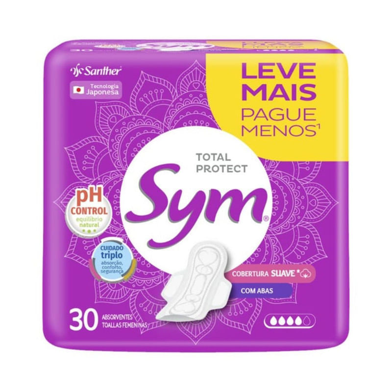 Encontraproduto.com.br - Absorvente Sym Suave com Abas Pacote com 30 unidades