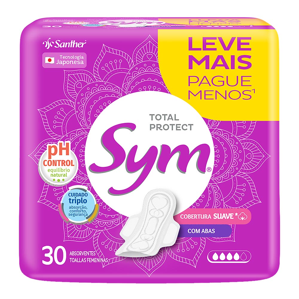 Encontraproduto.com.br - Absorvente Sym Suave com Abas Pacote com 30 unidades