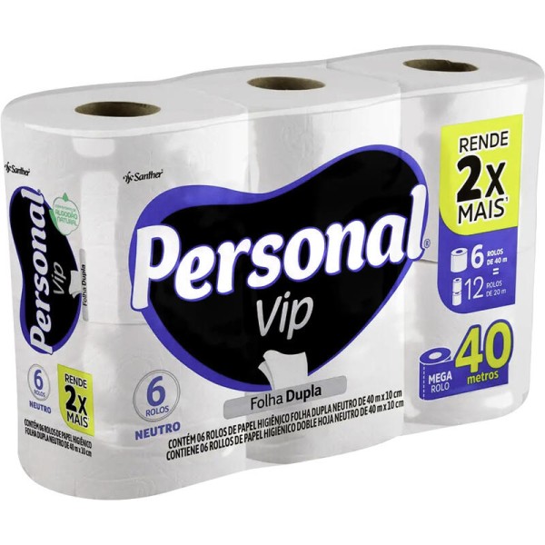 Papel Higiênico Personal Folha Dupla 40m Pacote com 6 rolos