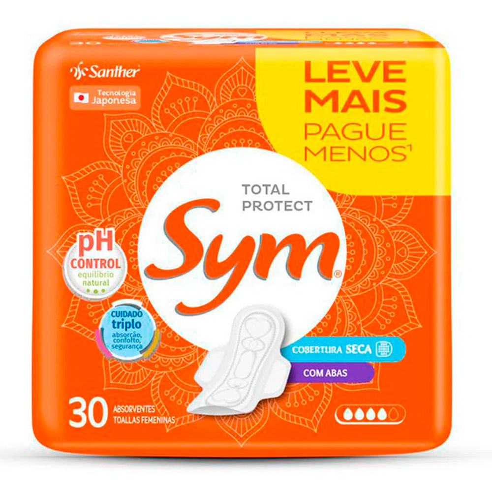 Encontraproduto.com.br - Absorvente Sym Total Protect Cobertura Seca Com Abas 30 Unidades