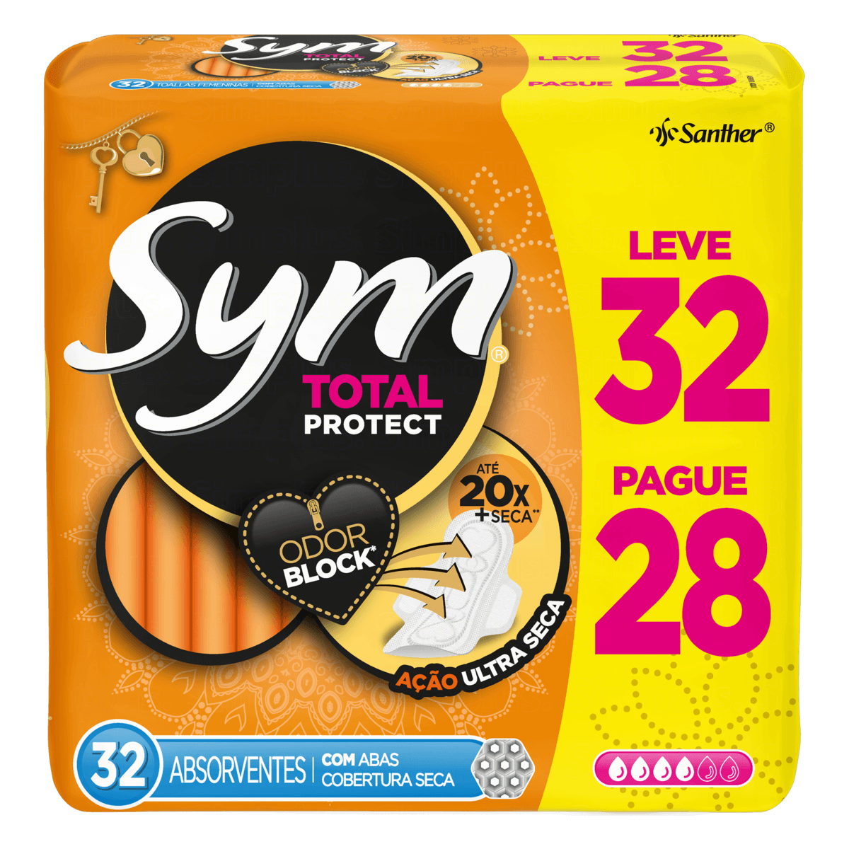 Encontraproduto.com.br - Absorvente Sym Total Protect Cobertura Seca Com Abas 30 Unidades