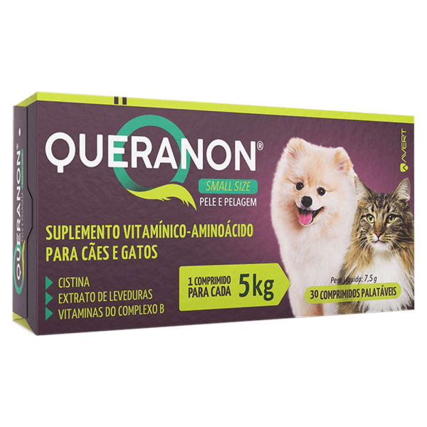 Encontraproduto.com.br - Suplemento Vitamínico Queranon Small Size para Cães e Gatos 30 Comprimidos Palatáveis