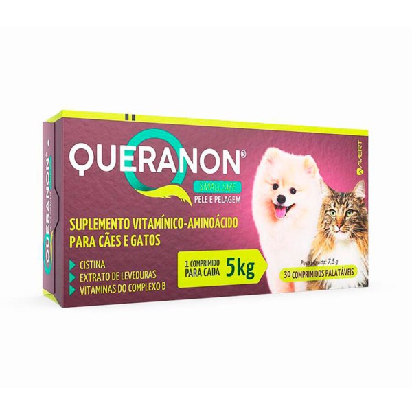 Encontraproduto.com.br - Suplemento Vitamínico Queranon Small Size para Cães e Gatos 30 Comprimidos Palatáveis