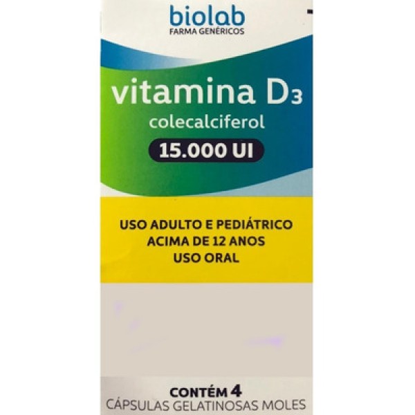 Encontraproduto.com.br - Vitamina D3 15.000 UI Biolab 4 Cápsulas Gelatinosas Moles