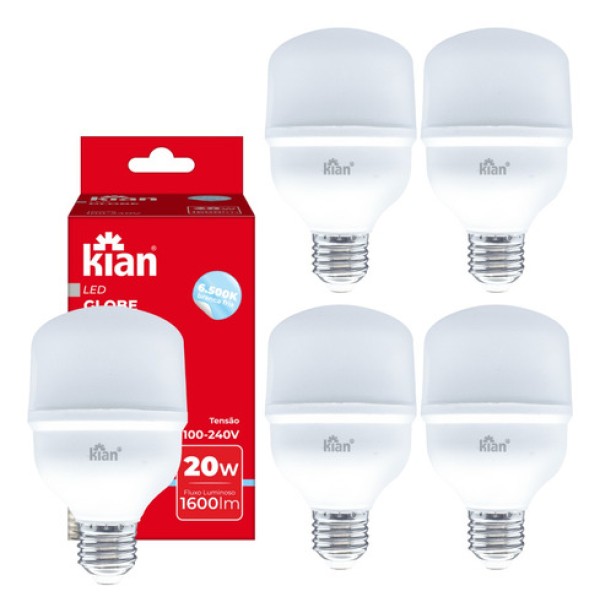 4x Lâmpada Led Globe 20w 6.500k Branco Frio E27 Bivolt Kian