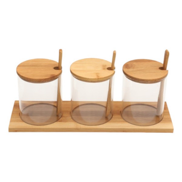 Jogo 3 Porta Condimentos com Suporte de Bambu e Colher 4 Peças