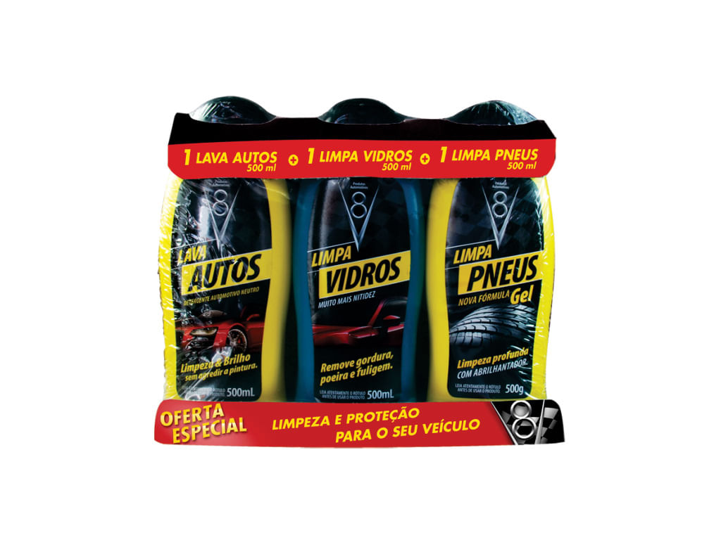 Kit Limpeza Carro V8 Limpa Vidros Pneu + Shampoo Com Cera