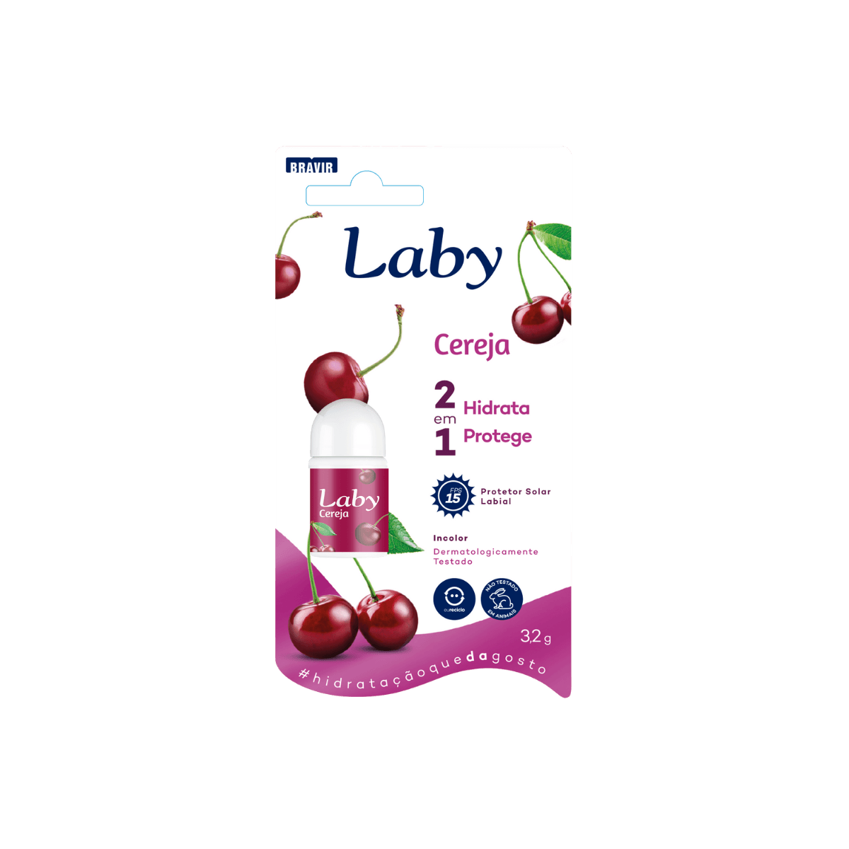 Protetor Solar Labial Laby Cereja Pushampoo Pull Stick Fps15 3,2G - Laby