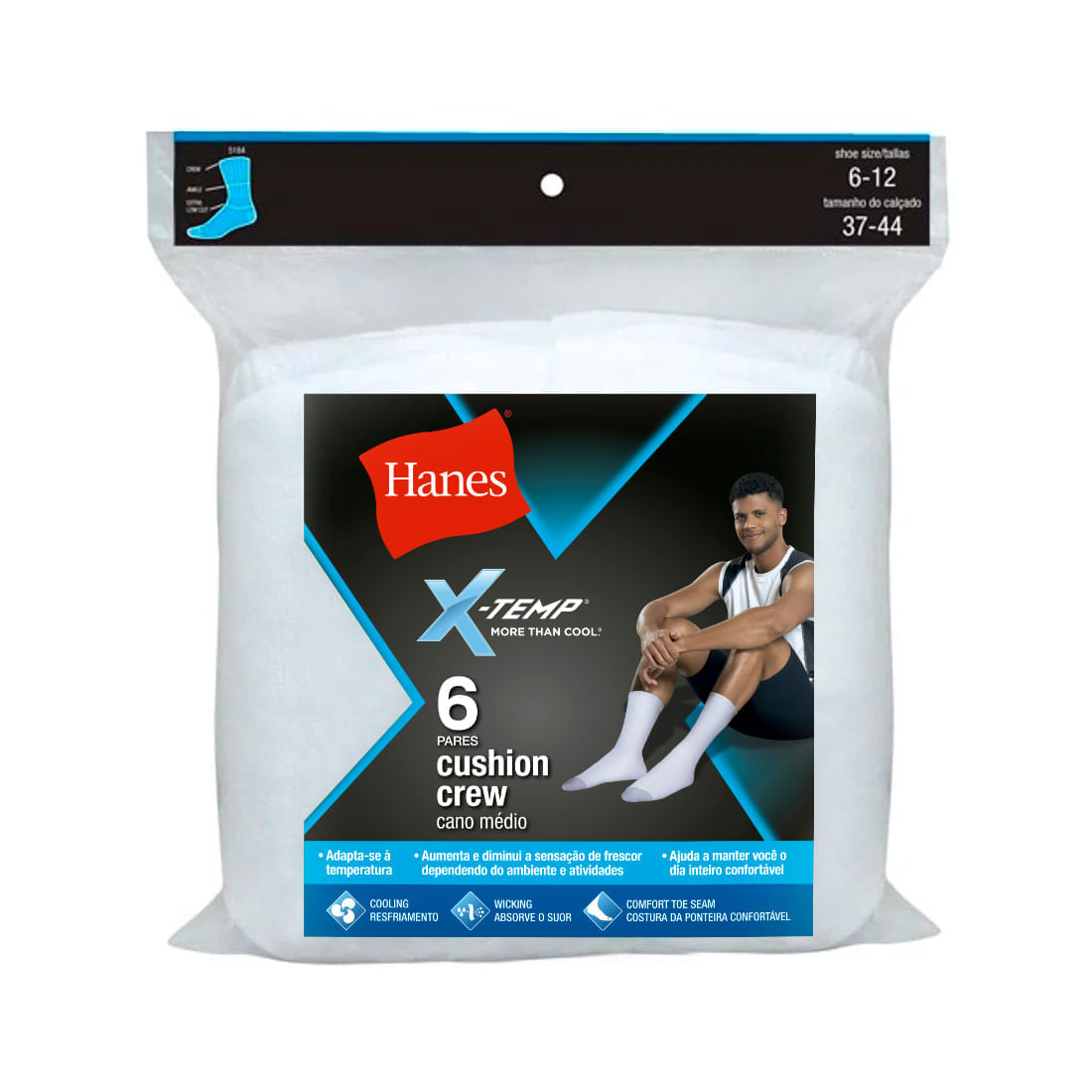 Kit com 06 pares de Meia Esportiva Hanes Cano Médio 5184