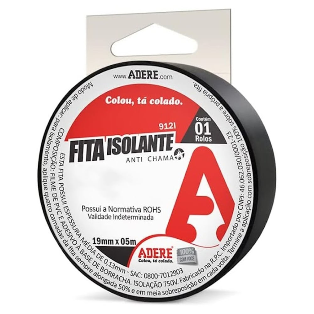Fita Isolante Adere 912I/S Hangtab 19 mm x 5 metros - Preto