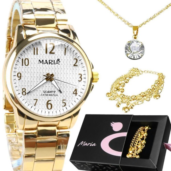 Relogio Feminino Dourado Aço Inox + Pulseira + Colar + Caixa Qualidade Premium Presente Moda Casual