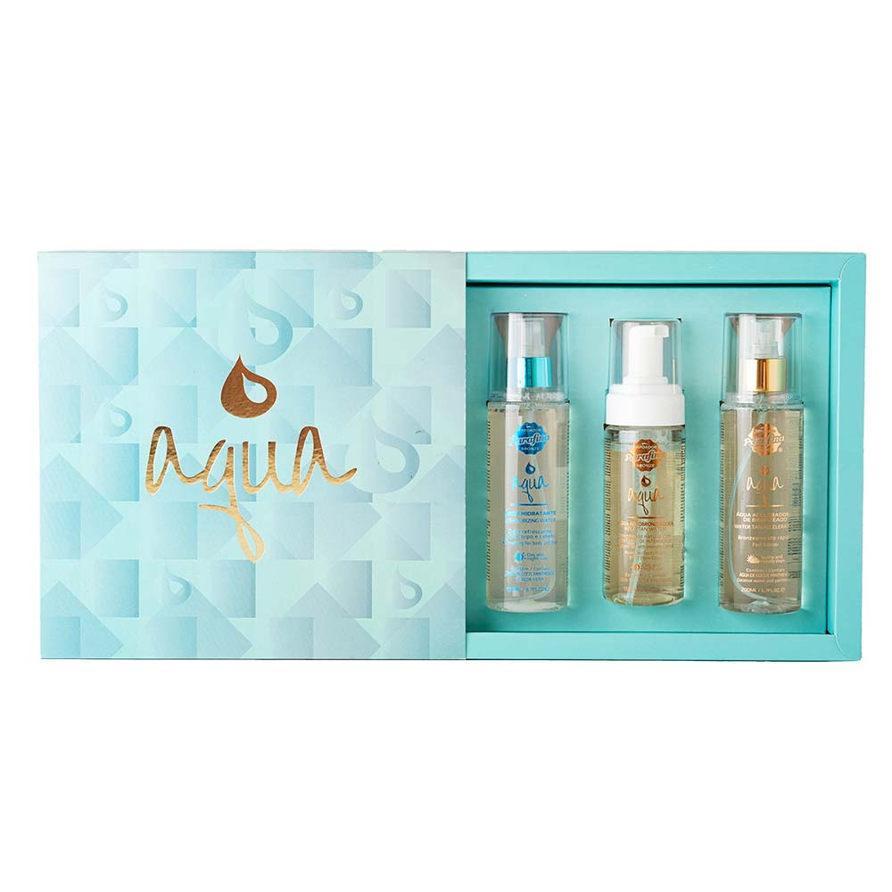 Parafina Bronze Kit – Água Autobronzeadora 150ml + Água Aceleradora de Bronzeado 200ml + Água Hidratante Corpo e Cabelo 200ml + Necessaire Aqua