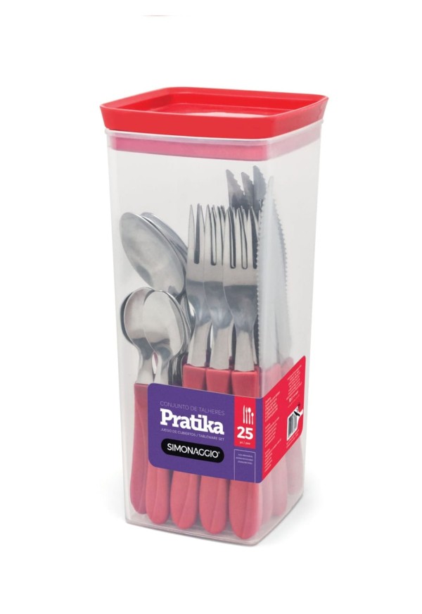 Encontraproduto.com.br - Faqueiro com 25 peças em Pote - Vermelho